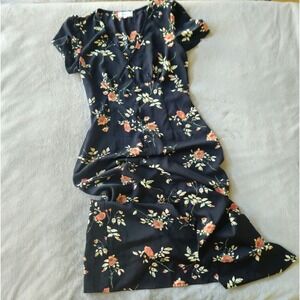 Rihoas V-Neck Floral Short Sleeve Maxi Dress Size M French Style Button Up